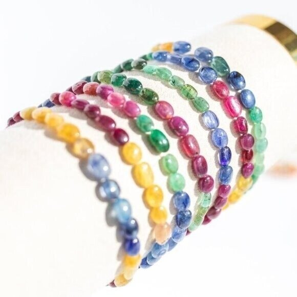 AAA Sapphire Rainbow Beaded Stretch Bracelet Multicolor Ombre Precious Gemstone - Picture 1 of 7